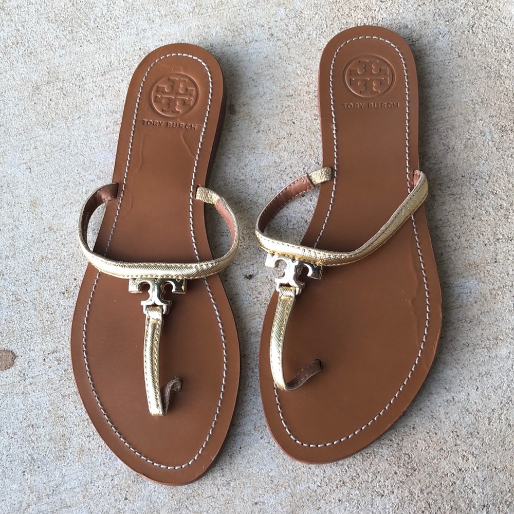 Tory Burch Gold and Brown Slippers with Signature Emblem